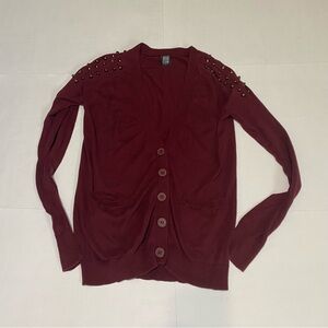 Nollie Burgundy Cardigan Sweater V-Neck Long Sleeve